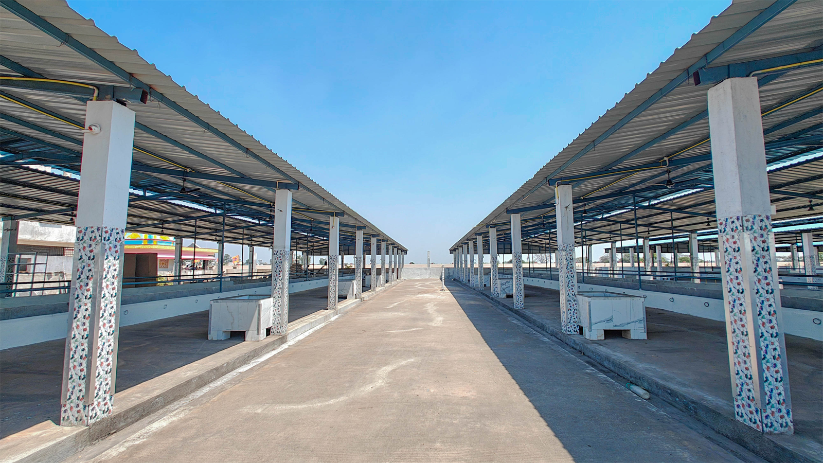 Covered gaushala shed with cattle feeding troughs